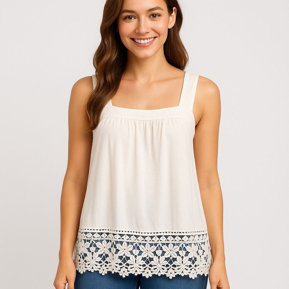 Anthropologie Ivory White Crochet Lace Hem Cotton Babydoll Top Tunic